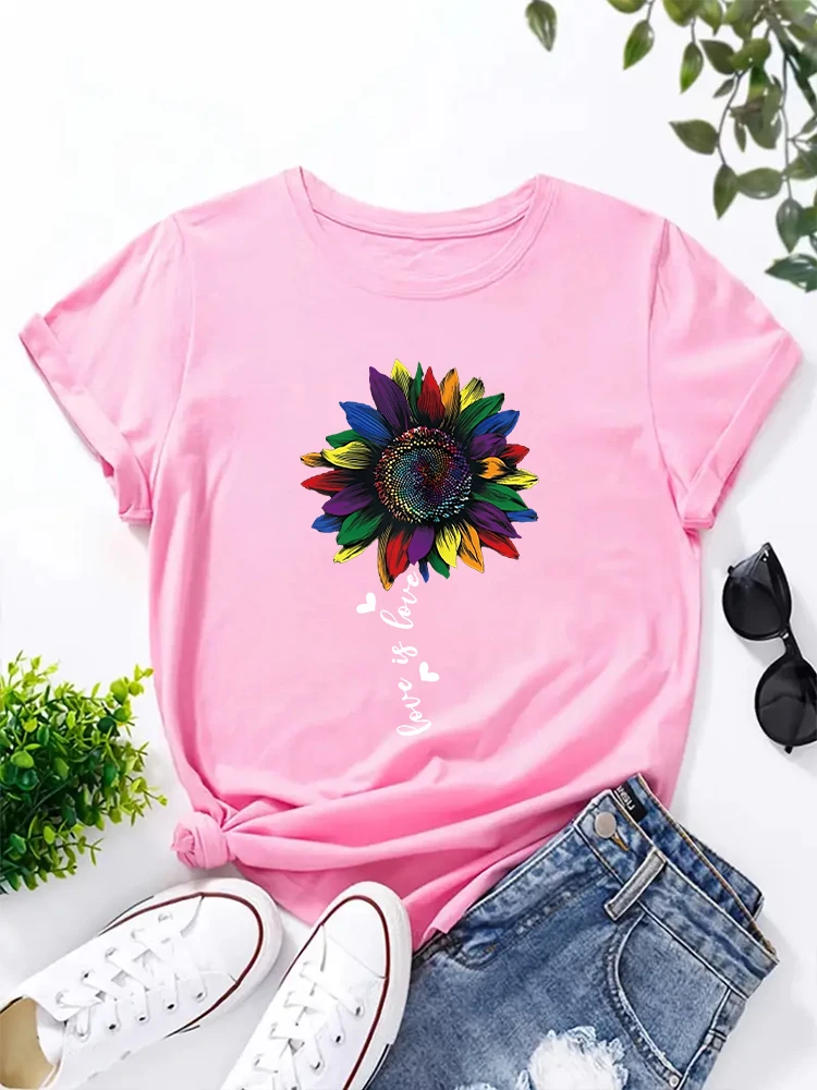 愛は愛、lgbqグラフィックTシャツ、レインボーヒマワリトップ、lgbtブラウス、ゲイプライドTシャツ、フラワープリント、面白いギフト