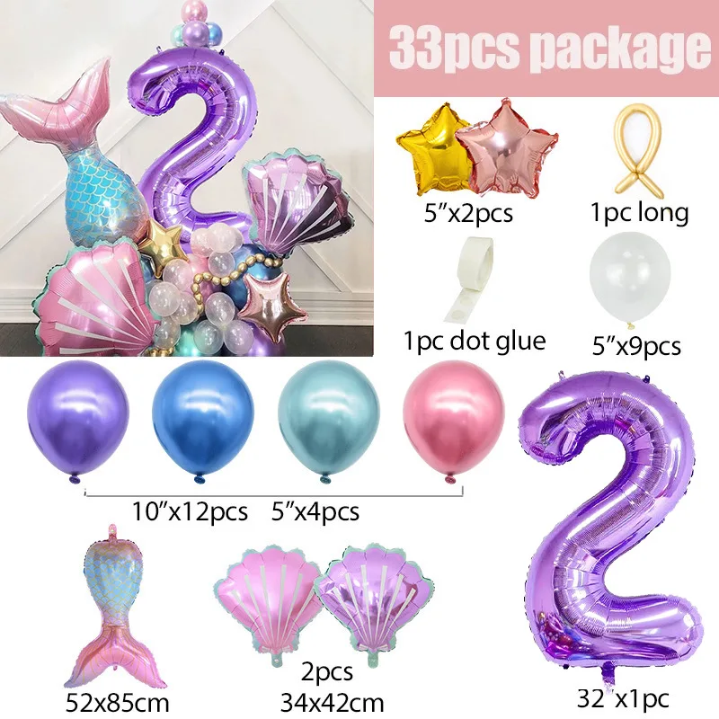 Mermaid Purple Number Balloon Set Mermaid Themed Seashell Children\'s Birthday Party Decoration Balloons Wholesale