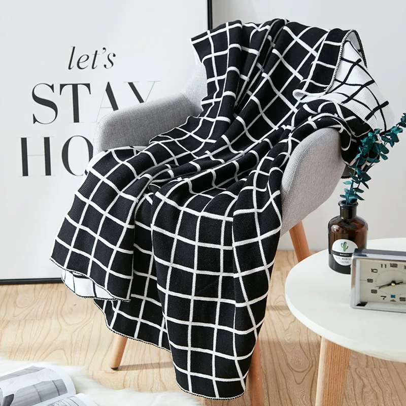 

Nordic Geometric Knit Blanket Reversible Black & White Cotton Throw Luxury Double Layer Checked Bedspread