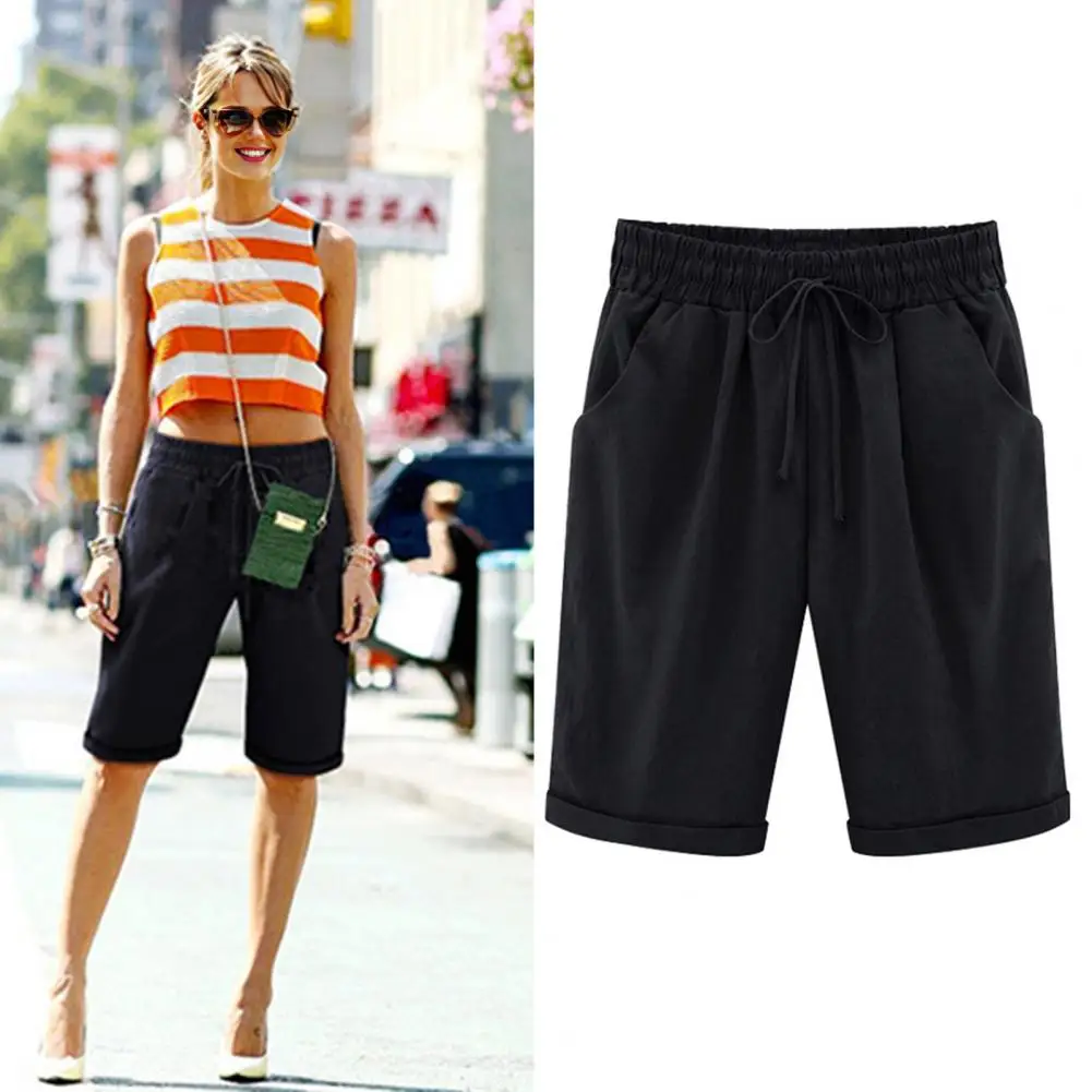 

Summer Women Shorts Drawstring Knee Length Wide Leg Shorts Loose Side Pockets Elastic Waist Pure Color Short Pants Casual Shorts