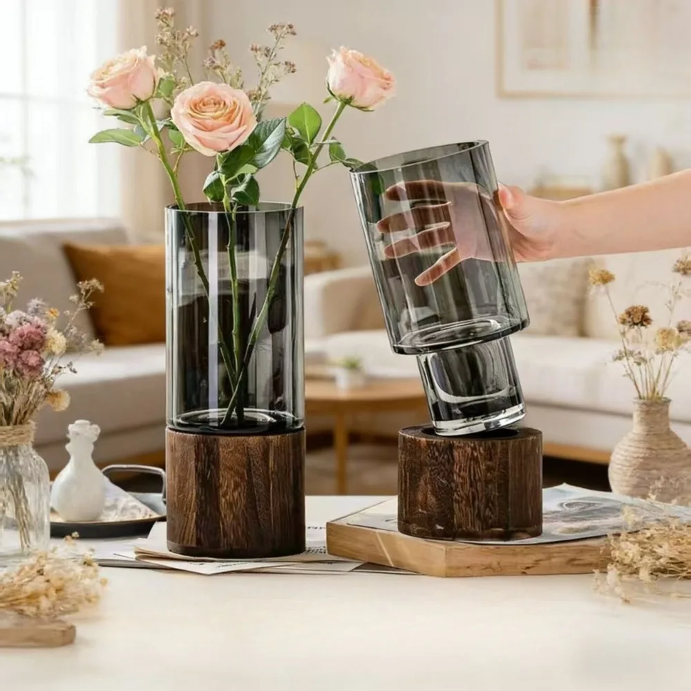 Vases Simple European Hydroponic Plant Household Living Room Table Inserted Flower Wood Base