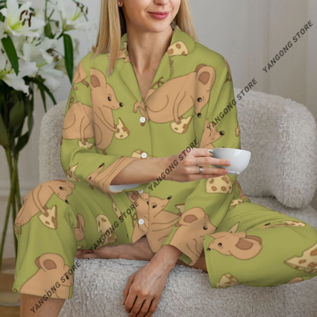 

Женская одежда для сна, пижама с мышкой и сыром, мультяшная крыса, пижама с длинными рукавами, женский комплект, пеньюар, кардиган, костюм