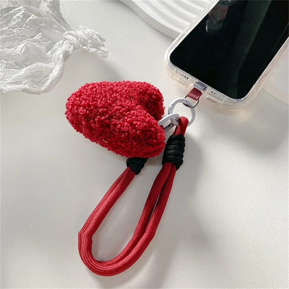 Cute Plush Love Heart Phone Lanyard Straps Hanging Chain Ring Cord with Patch Wrist Strap Phone Holder Detachable Rope Keychain