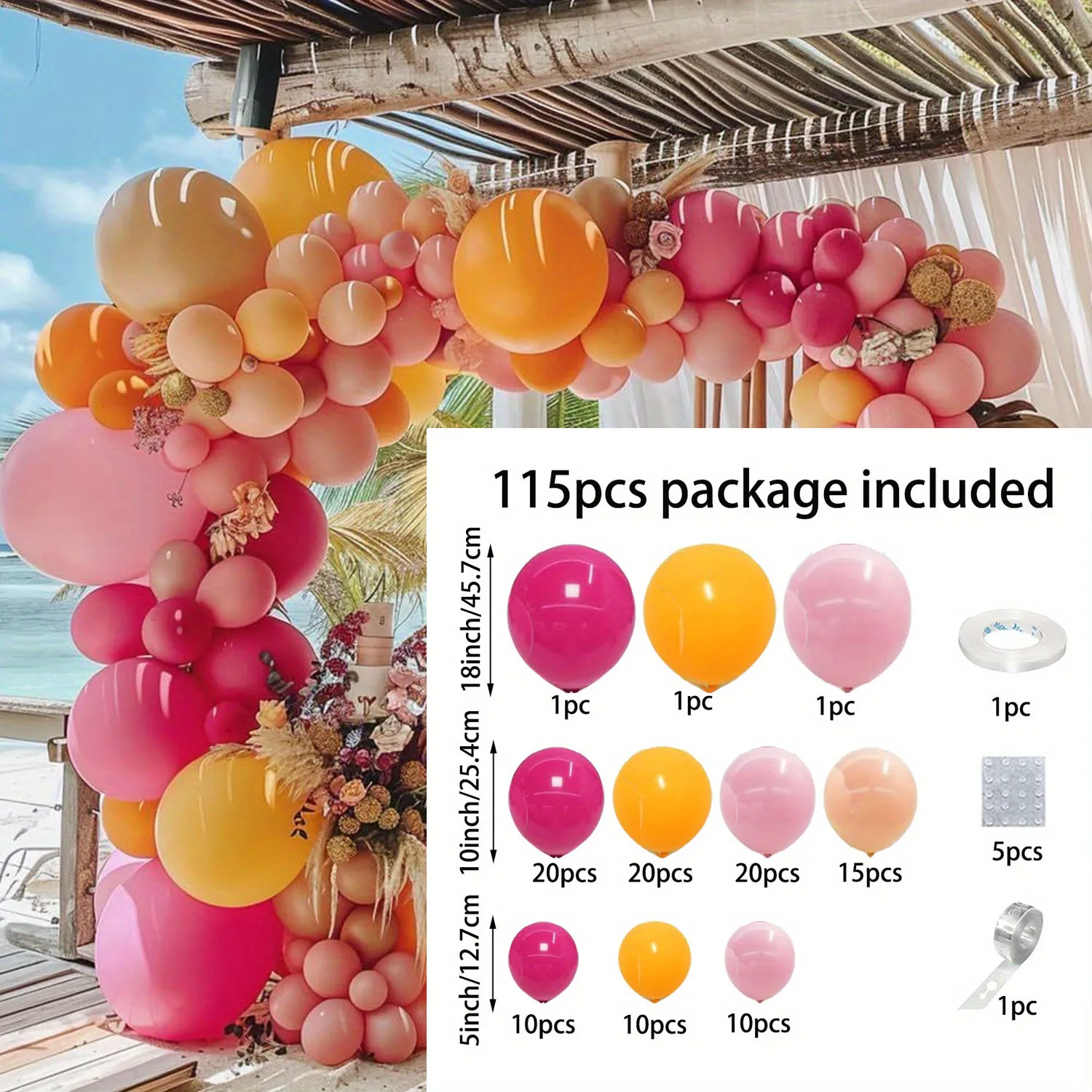 115pcsColorful Balloon Garland Decoration Set,suitable for Birthday Shower Wedding Wildflower Tropical Hawaiian Party Decoration