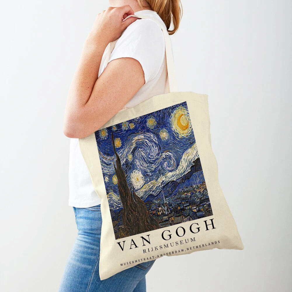 Bolso de compras de Van Gogh para mujer, bolsa de mano con estampado doble de jarrón, noche de cinco tarros, girasol, favismo, a la moda, de dibujos