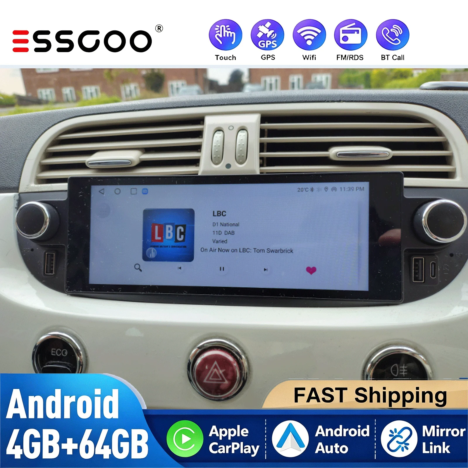 ESSGOO 4+64G Auto Radio für Fiat 500 2007-2015, CarPlay Multimedia-Player, Stereo, Android Auto, GPS, RDS, NAV, WLAN, BT, DAB+, Kamera
