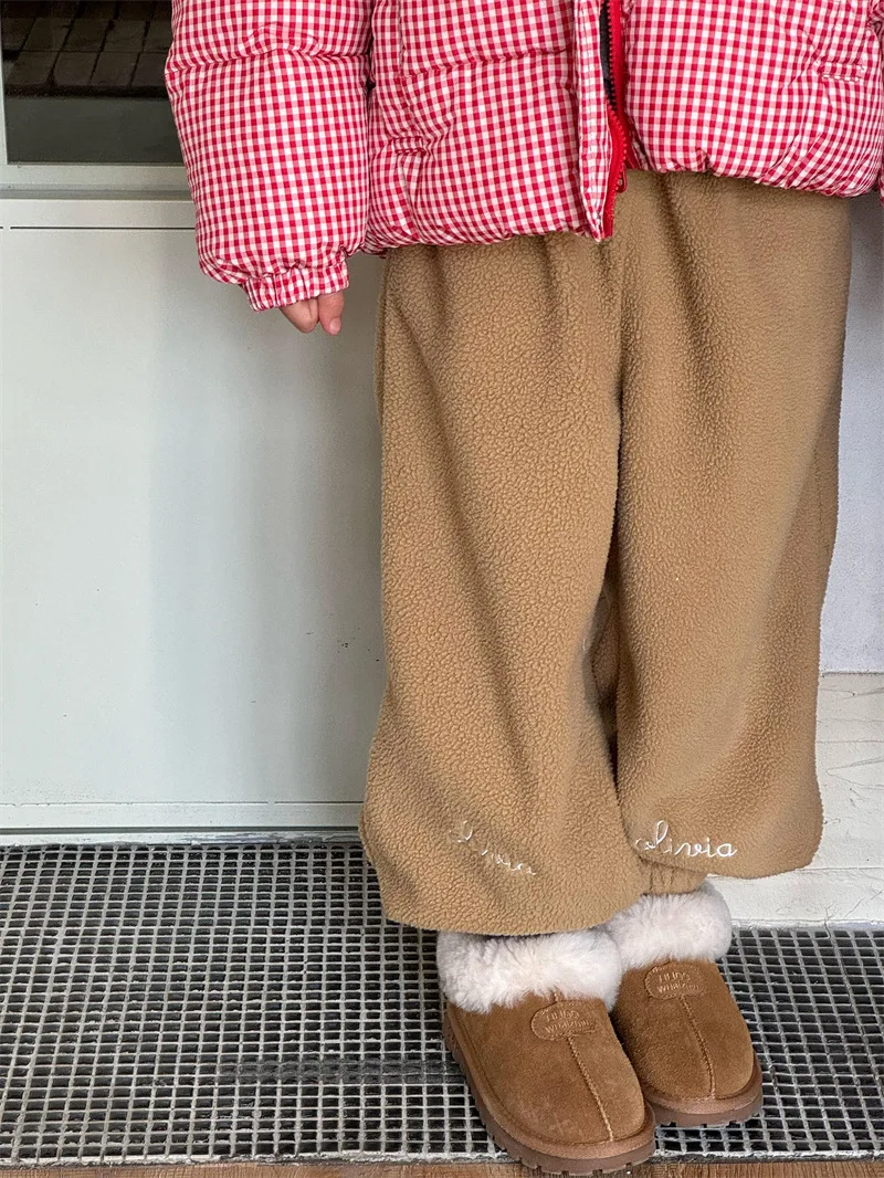 2024 Winter New Children Lamb Cashmere Warm Trousers Girls Plus Velvet Thick Casual Pants Kids Boys Embroidery Sweat Pants