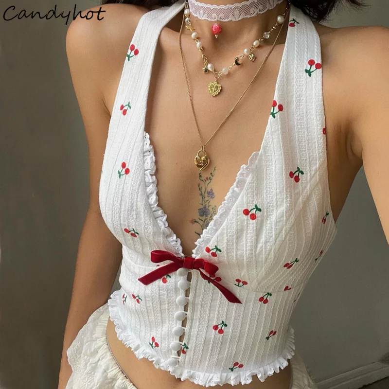 Candyhot Sexy Fashion Print Halter Camis Crop Tops Korean Knitted Slim Fit Tank Top High Street Y2K Commuter Casual Women's Wear