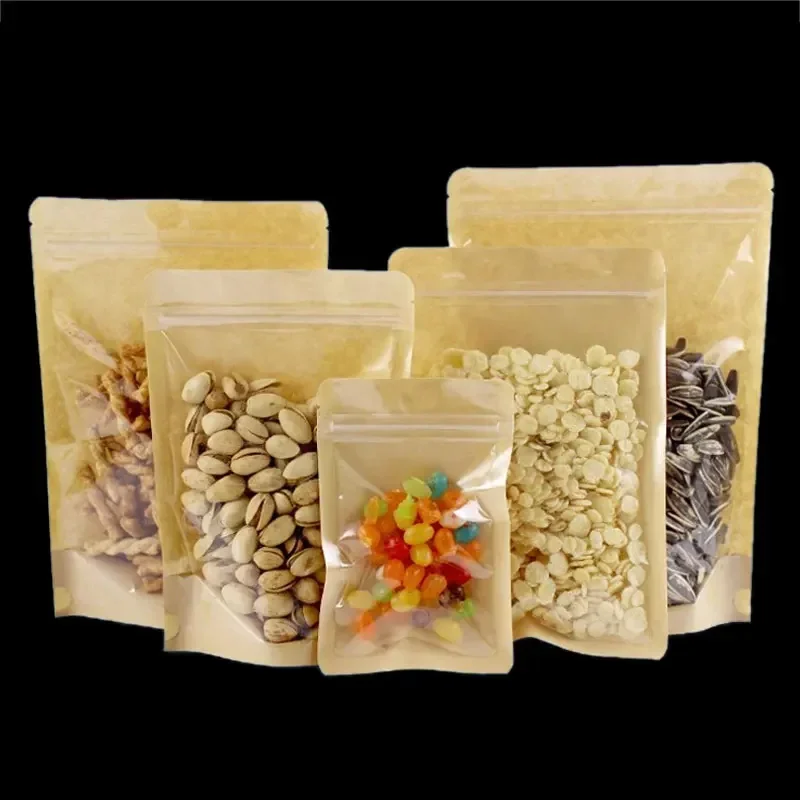 

100pcs Translucent Kraft Paper Flat Bottom Stand Self Sealing Bag Nut Packaging Bags Yin-yang Seal Bone Bag Zipper Display Pouch