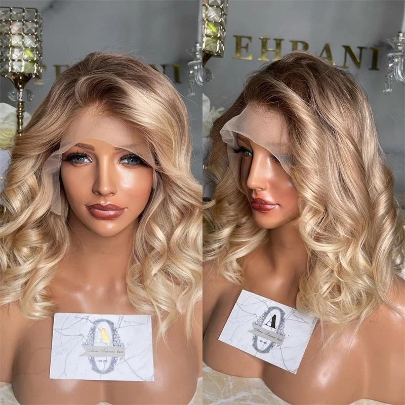 glueless-short-wave-bob-13x4-ombre-creamy-blonde-free-part-synthetic-lace-front-wig-preplucked-hairline-heat-resistant-fiber-wig