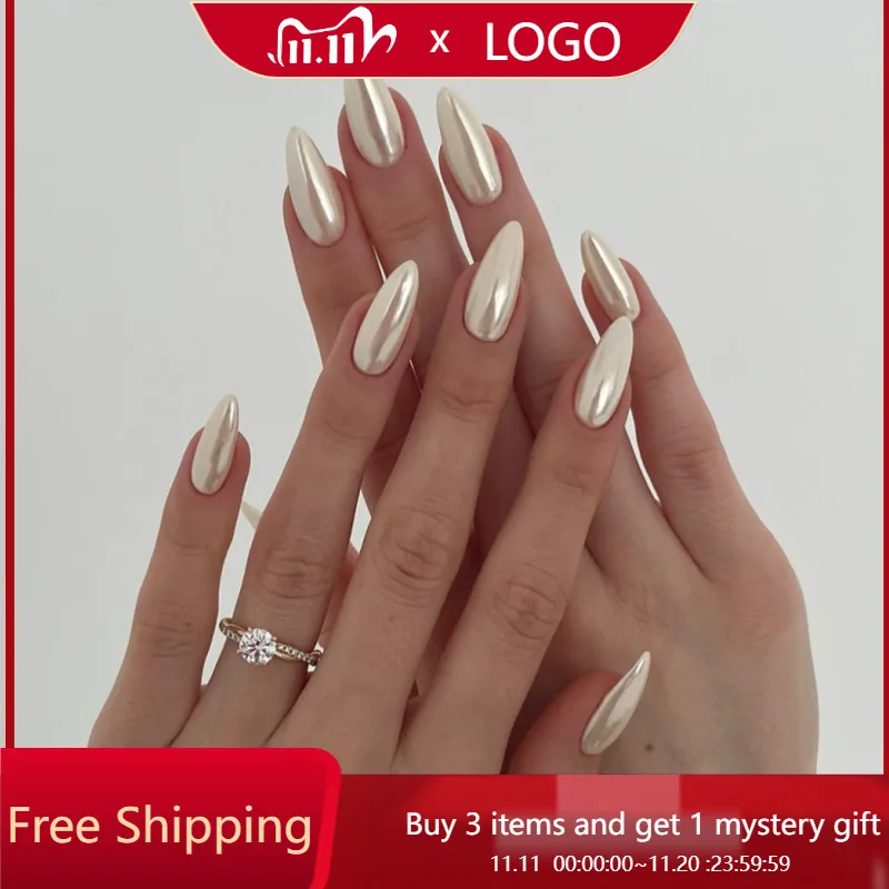 

24 шт./1 коробка накладные ногти с ослепительным чистым цветным покрытием средней длины в форме миндаля, прессованные наклейки для ногтей с полным покрытием
