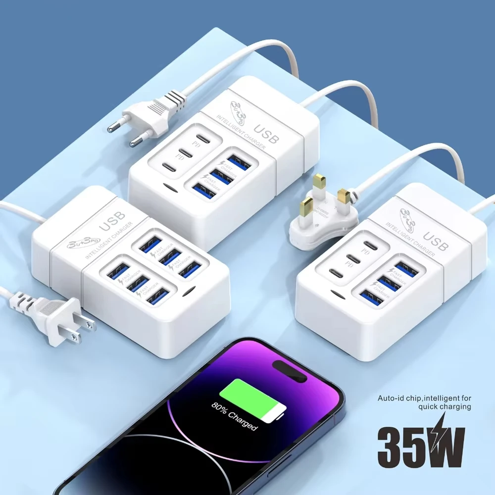 Mobile Phone Charger 3pd 3Usb Multi-Port Charging Head 6Usb Socket 35W Fast Charging 3A Seat For Smartphone Universal Charger