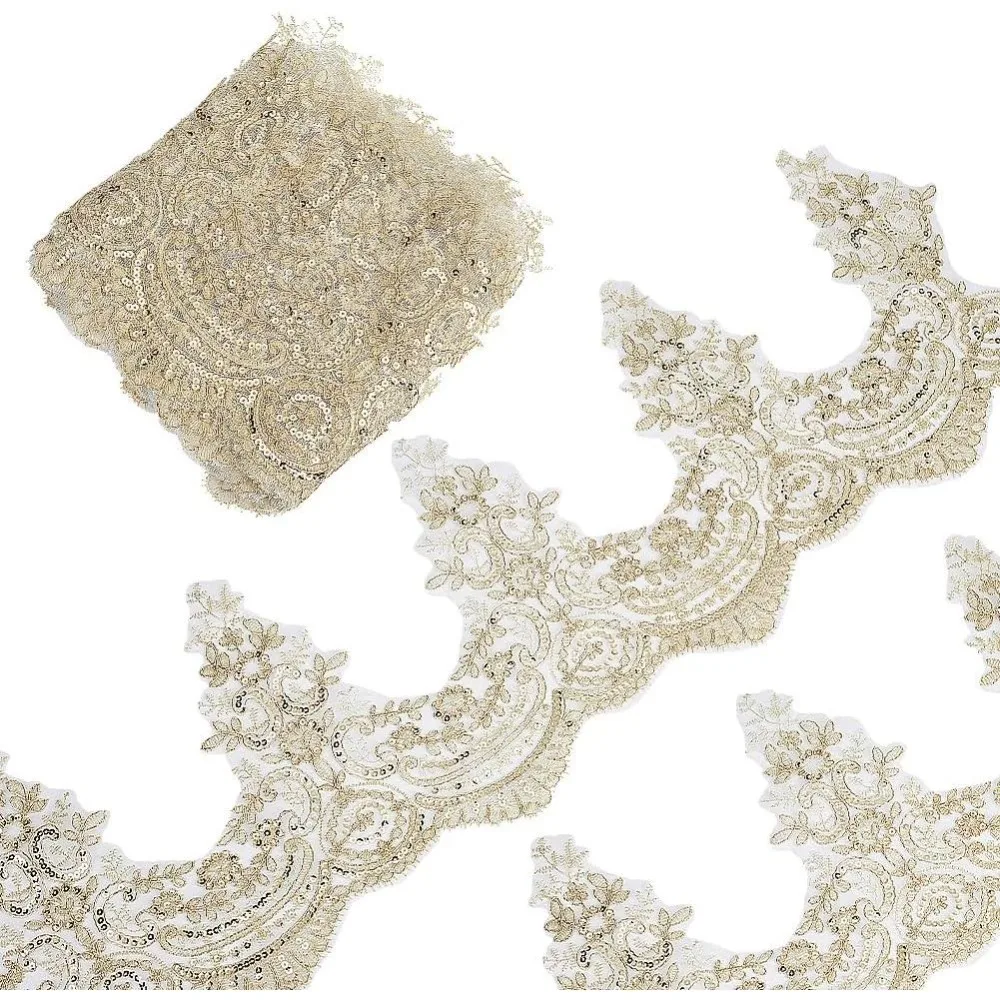5 Yards 9-1/2 inch Width Sequin Flower Embroidery Lace Ribbon Gold Metaillic Wave Flower Beaded Sequin Edge Lace Ribbon