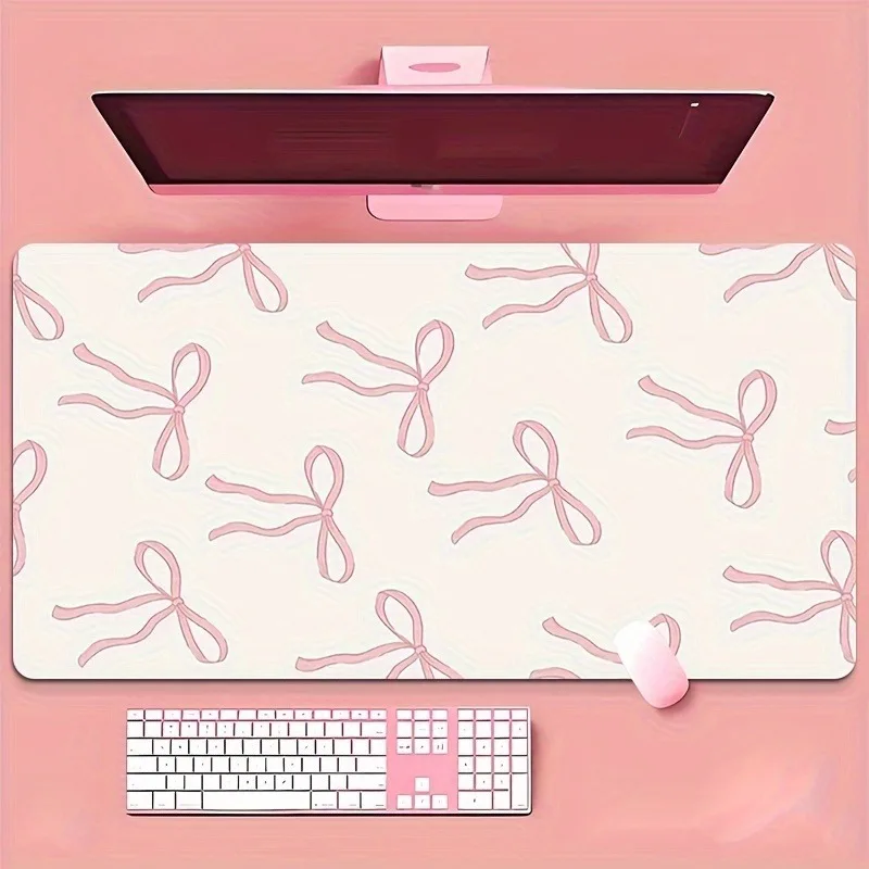 1pc Pink Bow Art Design Large Mouse Pad Multi-Size Non-Slip Stitched Edge Computer Keyboard Desk Mat For Office And Gift