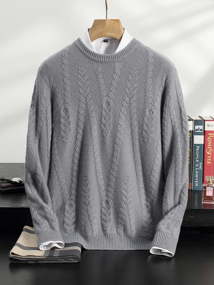 Thick Men's O-neck Sweater Autumn Winter 100% Cashmere Knitwear Twist Flower Jacquard Pullovers High-end Clothing Business Tops