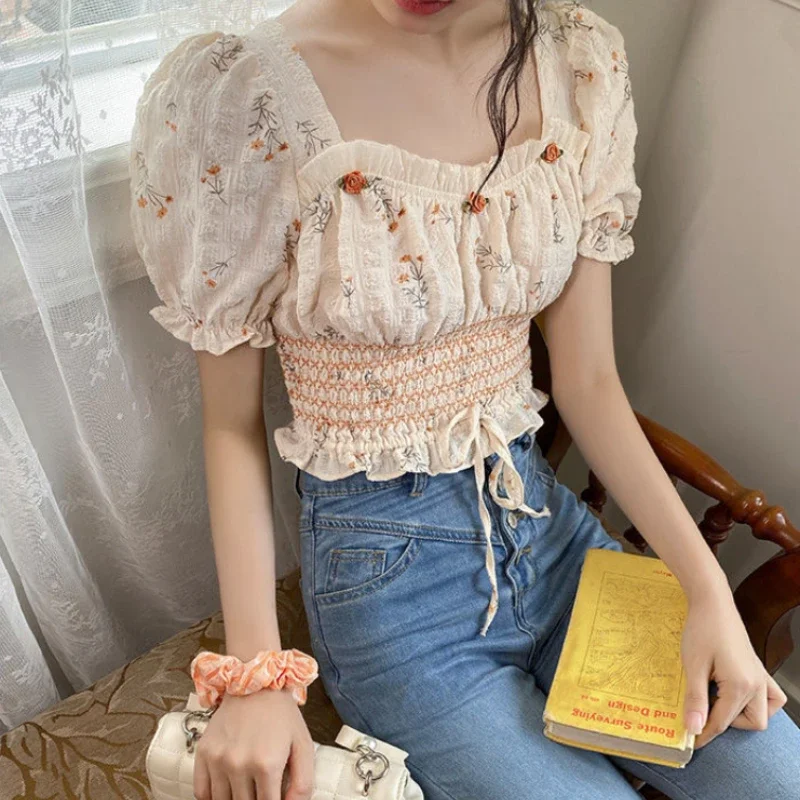 French Elegant Shirts Draw String Slim Waist Ruffles Square Collar Puff Sleeve Crop Tops Summer Sweet Preppy Style Women Blouses