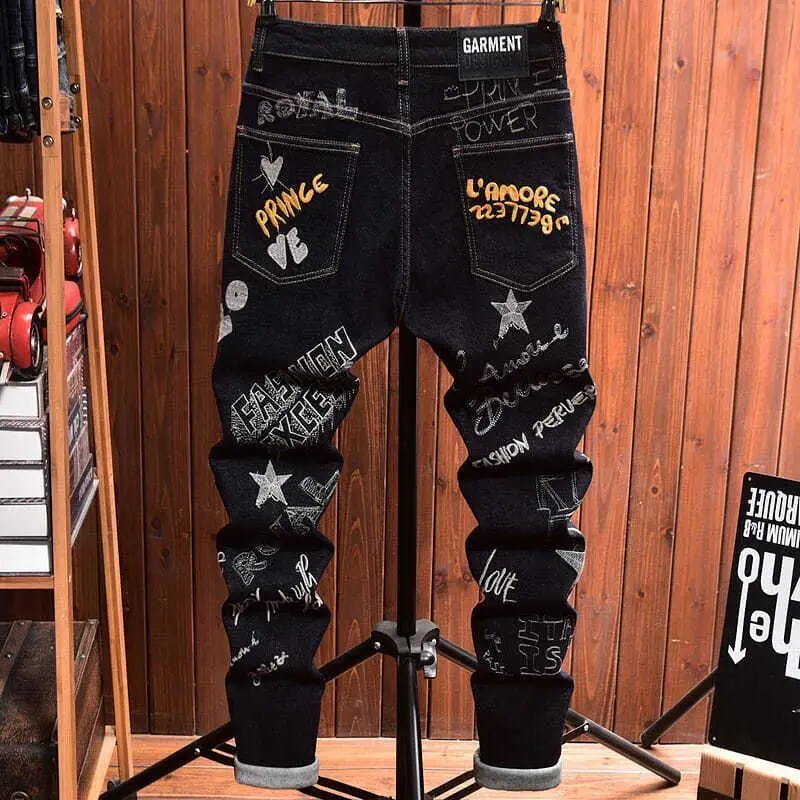 Calças jeans de luxo estilo coreano, calças pretas, letra de crachá bordado, estampagem a quente, roupas de grife, retrô, novo, primavera, outono