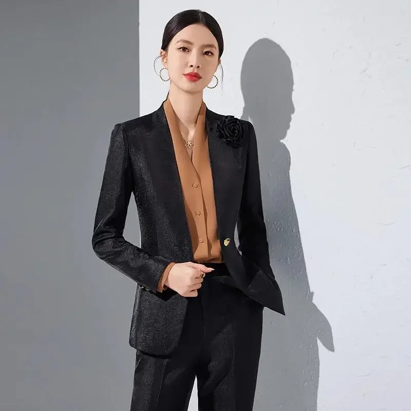 Pop feminino blazer calças define apliques de ouro duas peças 2024 outono trabalho wear calças formal cor sólida manga longa topos pantsui