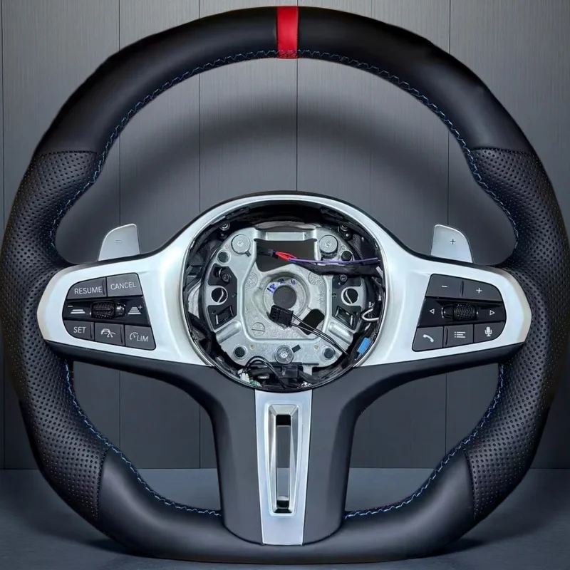 Sport Steering Wheel Semi-Perforated Tri-Color Stitching Red Center Mark Paddle Shifters Buttons For BMW G30