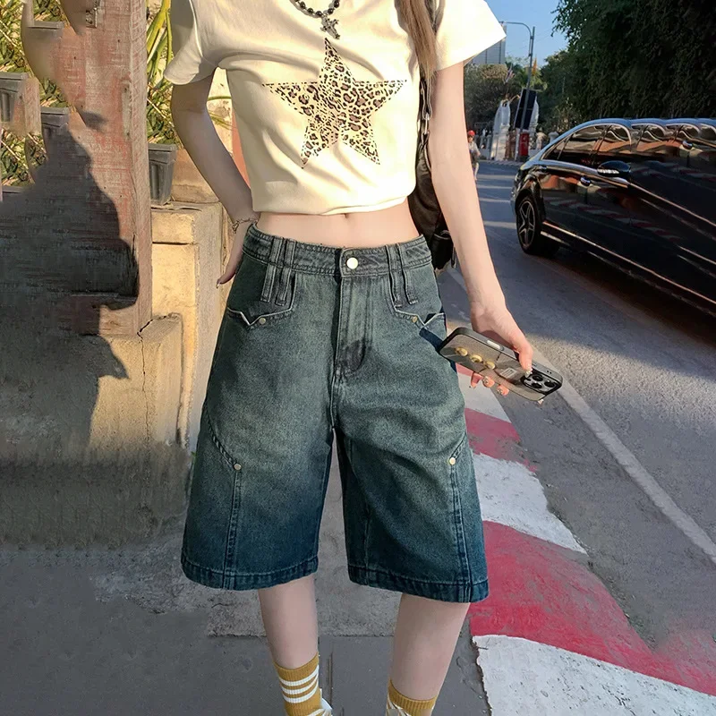 

New American Loose Denim Shorts for Spring and Summer. Fashionable and Versatile Casual Straight-leg Mid-length Jeans for Ladies