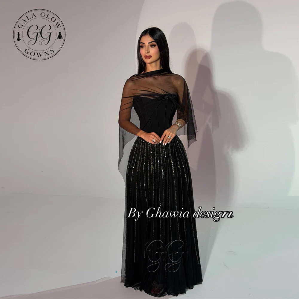 GalaG Luxurious Evening Dresses Black Sequin Tulle Long Beaded Cape Sleeves Formal Gowns Dubai Gala Wedding for Women Custom