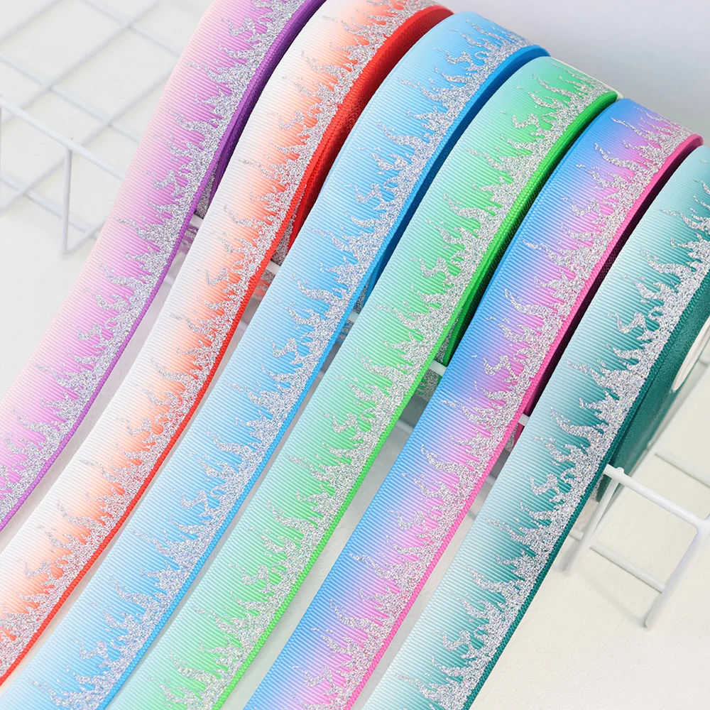 

1'' 25mm Silver Glitter Fire Flame Printed Grosgrain Ribbon For Gift Wrapping Hair Bow Party Decoration