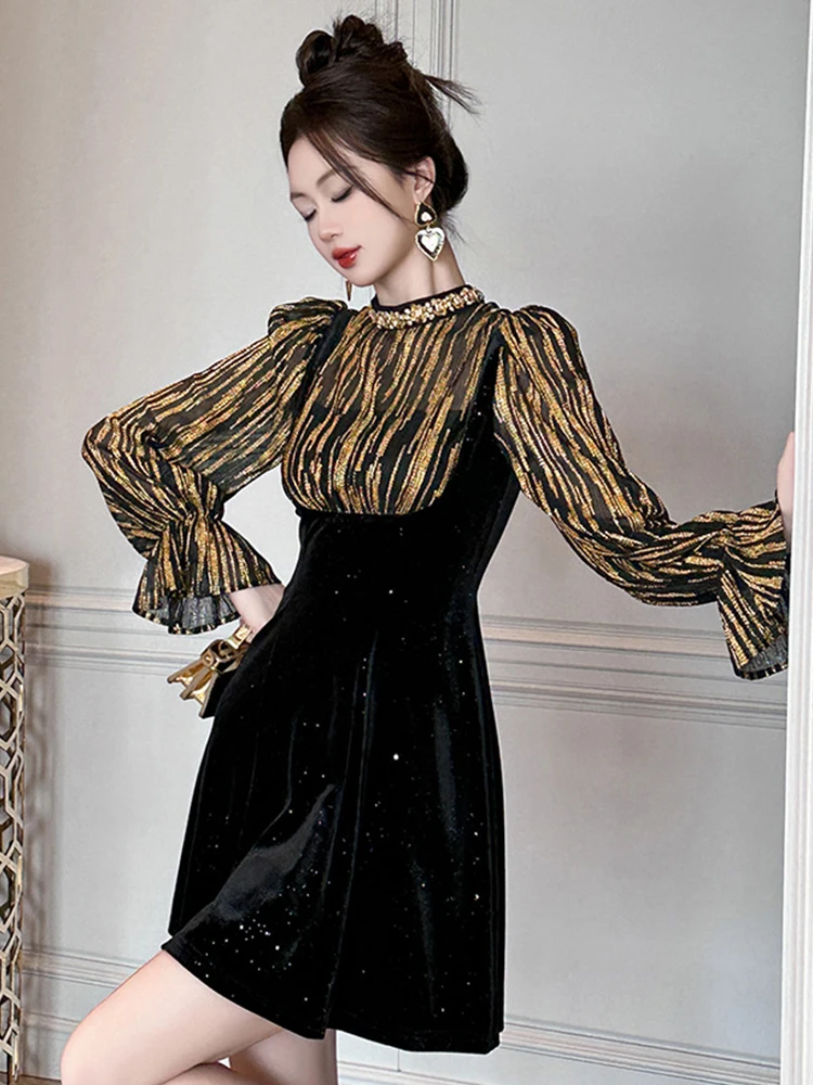 

Women Clothes Fake 2 Piece Gold Sequin Puff Sleeve Slim Short Dress Elegant Luxury Ladies Evening Party Birthday Vestidos Spring