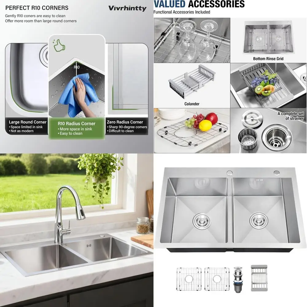 

Кухонная мойка с двумя чашами, врезная, 33x22x9, из нержавеющей стали, матовая отделка, звукоизоляция и защита от сколов