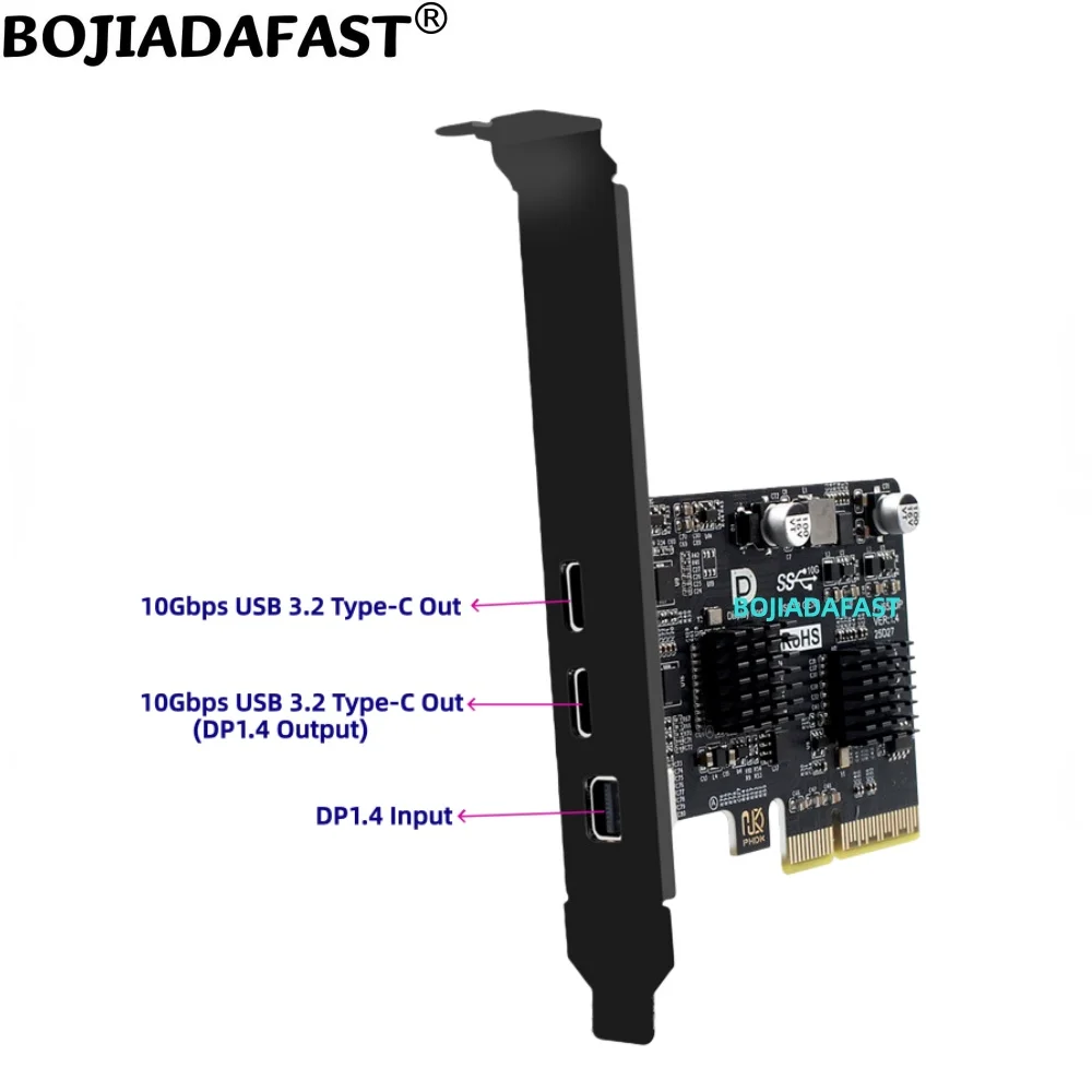 

PCI-E 4X to 2 Ports 10Gbps USB 3.2 Type-C 5V 2A Connector + DisplayPort Mini DP1.4 Video Input to 4K 60Hz Output Adapter Card