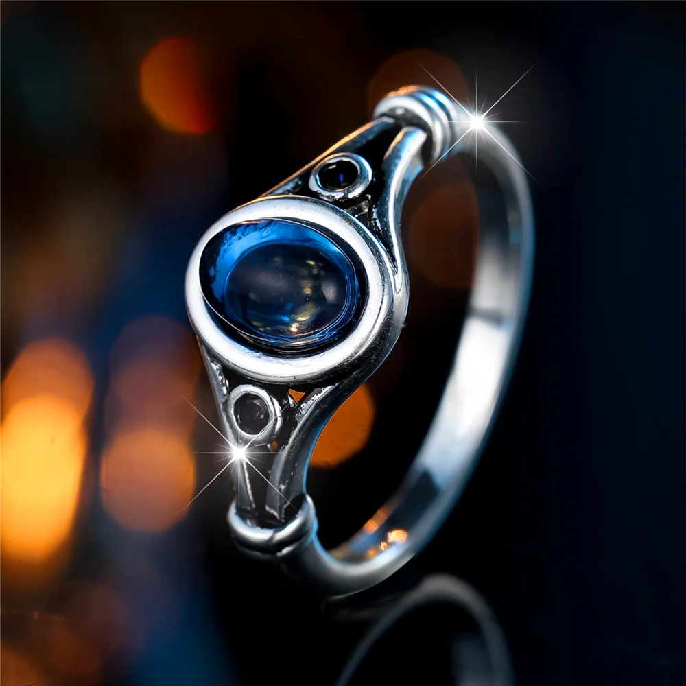 Crystal Female Blue Stone Oval Engagement Rings For Women Silver Color Wedding Bands Jewelry Party Gifts
