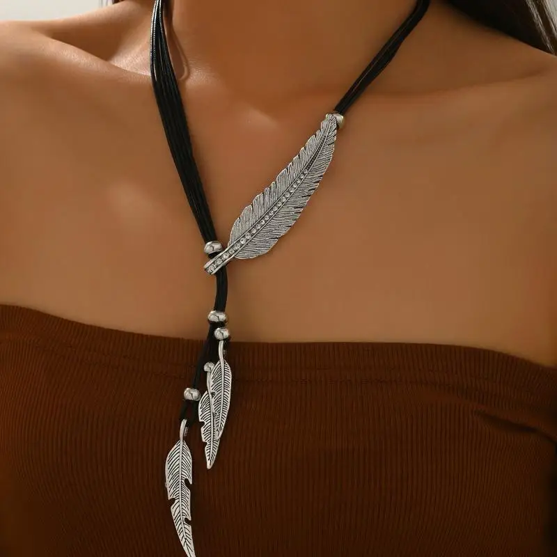 Trend Fine Jewelry Neck Pendants Bohemian Style Rope Chain Leaf Feather Pattern Pendant For Women Men Retro Party Necklaces