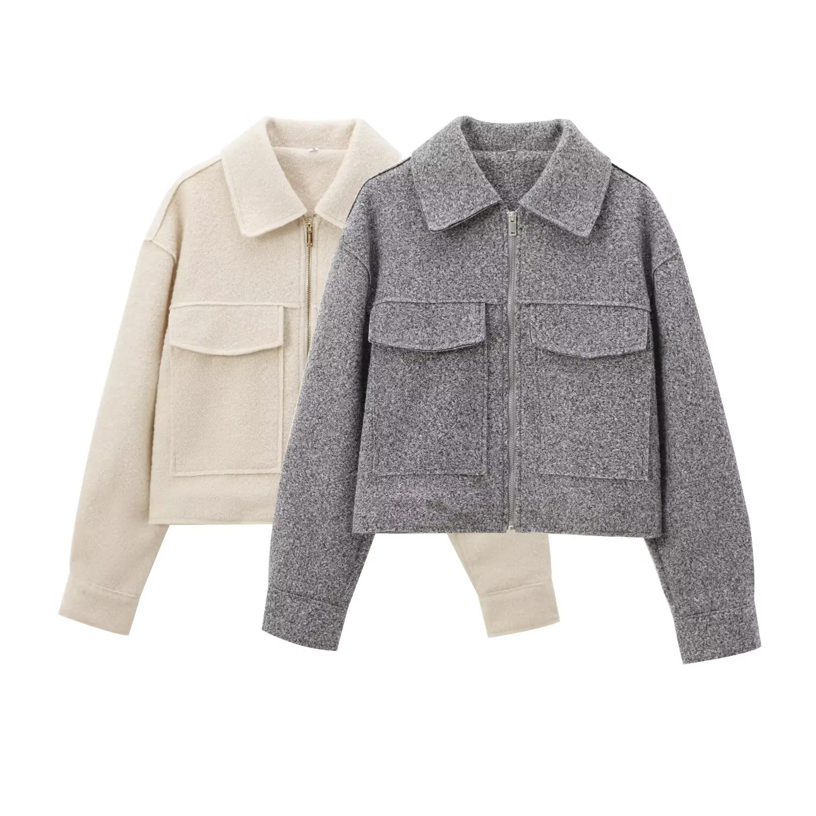 

2025 WOMAN Autumn New Fashion Short Jacket Coat Vintage Long Sleeve Pockets Zipper Casual Female Outerwear Chic Overcoat