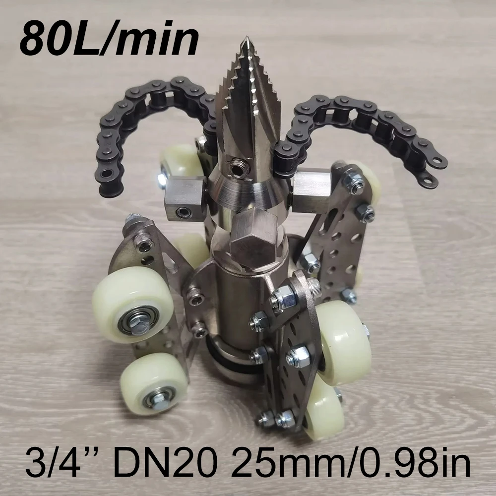 

3/4'' 80L/min Internal thread 25mm 8 Wheels Rotating small aircraft chain nozzle sewer high-pressure dredging machine nozzle