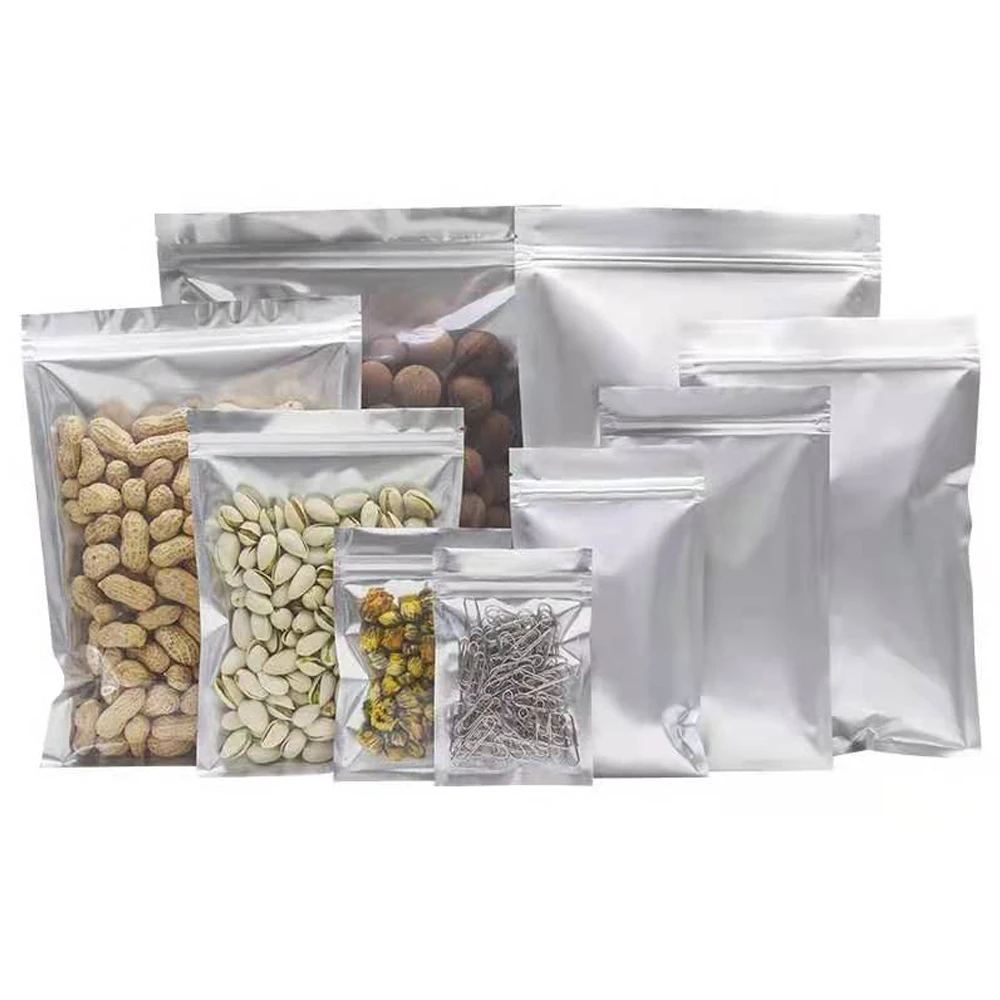 

500Pcs Front Clear Back Pure Aluminum Foil Zipper Packaging Bag Recyclable Zip Lock Dried Fruit Beans Retail Food Storage Bag