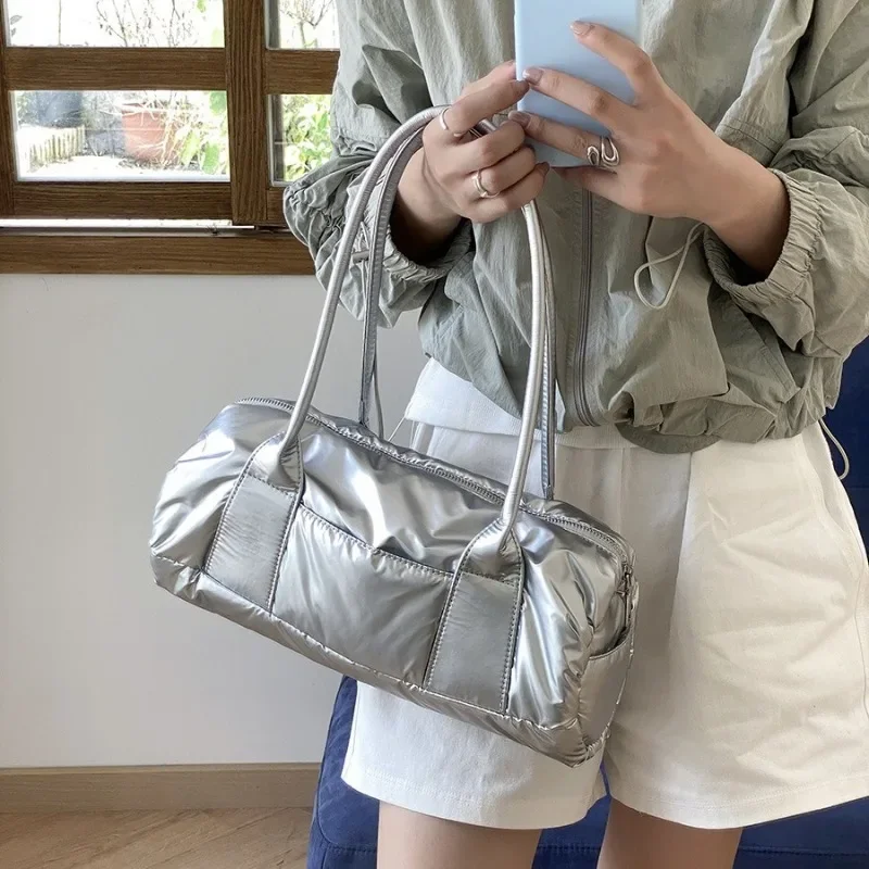 Preppy Style Barrel-shaped PU Sweet Student Shoulder Bag Women Cotton Laminated Niche Designed Portable Cloud Underarm Bag