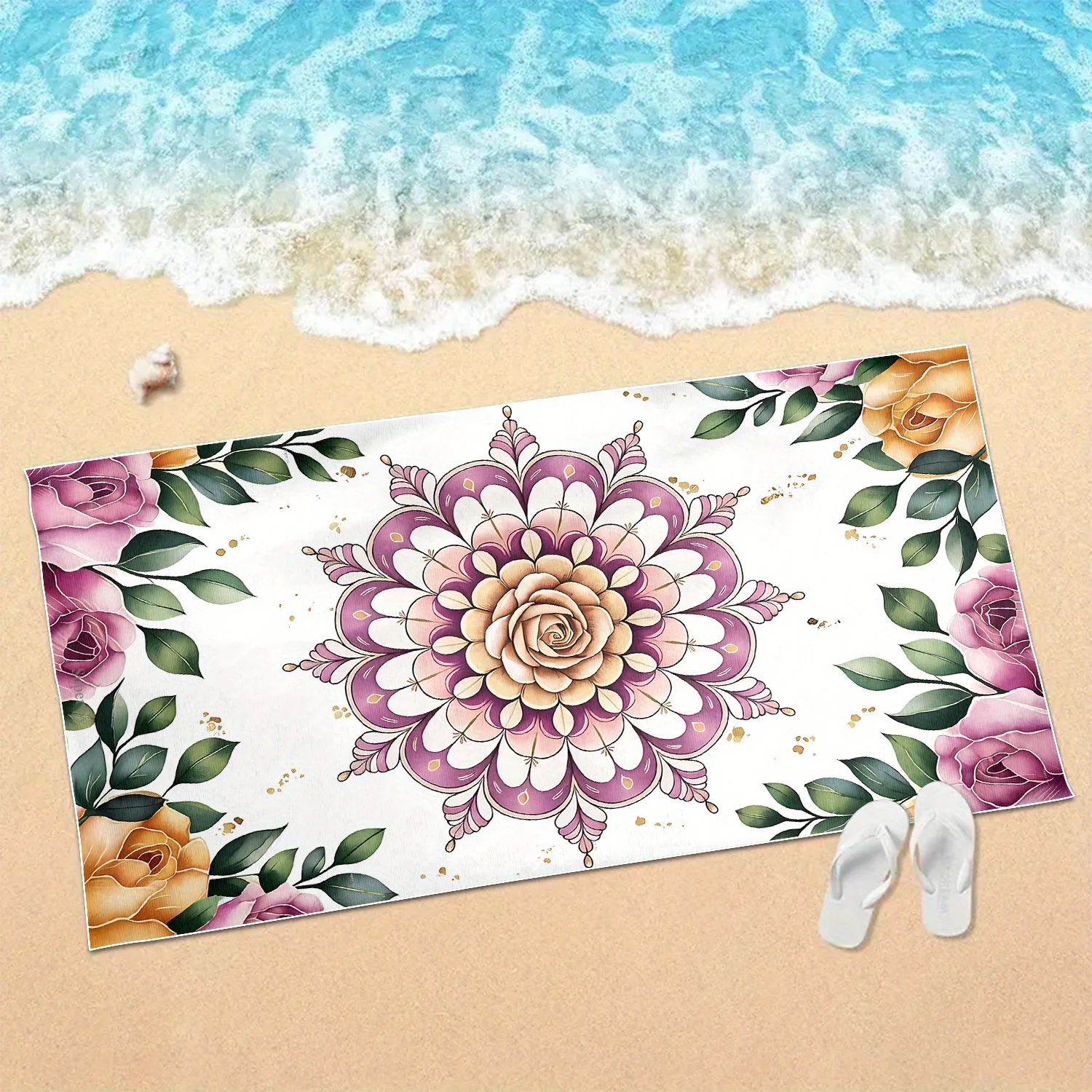 

1 шт. летнее пляжное полотенце с этническим цветочным принтом мандалы - большое банное и душевое полотенце, яркий цветочный дизайн, микрофибра, машинная стирка