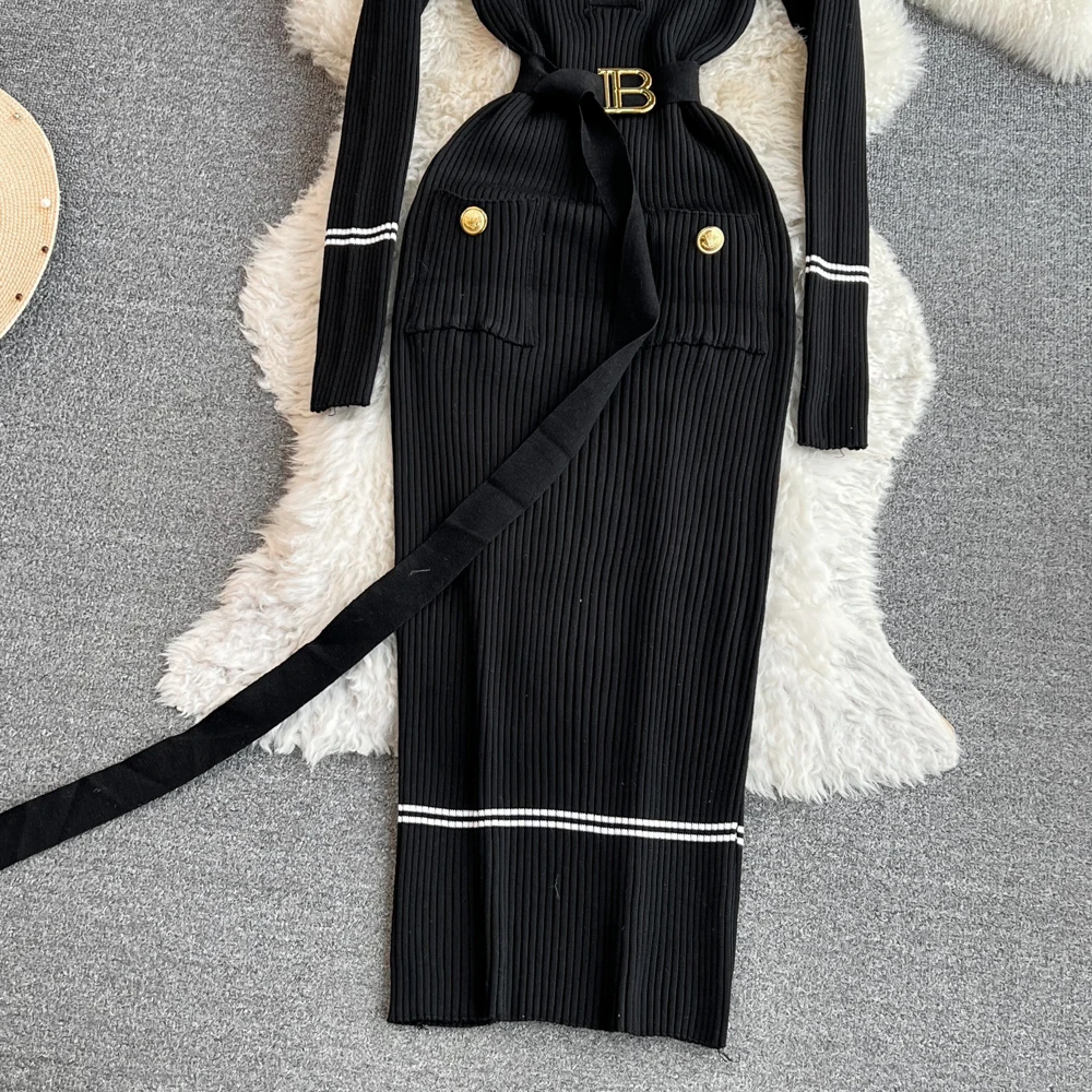 Women Dress 2024 Autumn Winter Elegant Rib Knit Long Pencil Dress with Belt Office Lady Bodycon Sweater Dress Vestidos