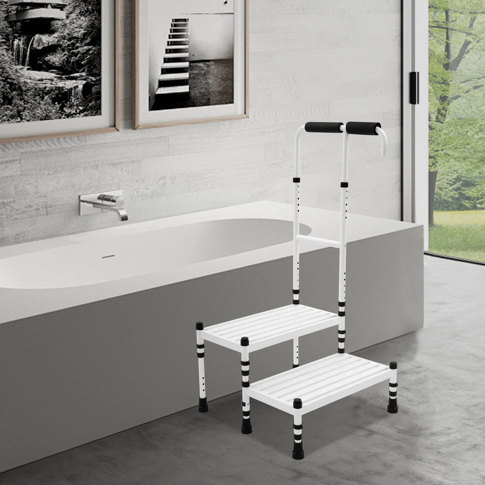 الأبيض الكربون الصلب 53.5x57x108 سنتيمتر 2-خطوة خطوة البراز مع درابزين عالية لكبار السن المضادة للانزلاق خطوة مسند القدمين