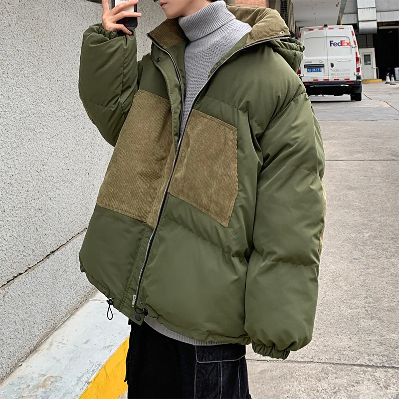 Jaqueta de inverno dos homens quente moda retro com capuz casaco masculino coreano verde preto solto grosso jaqueta parker oversized curto casaco M-XL