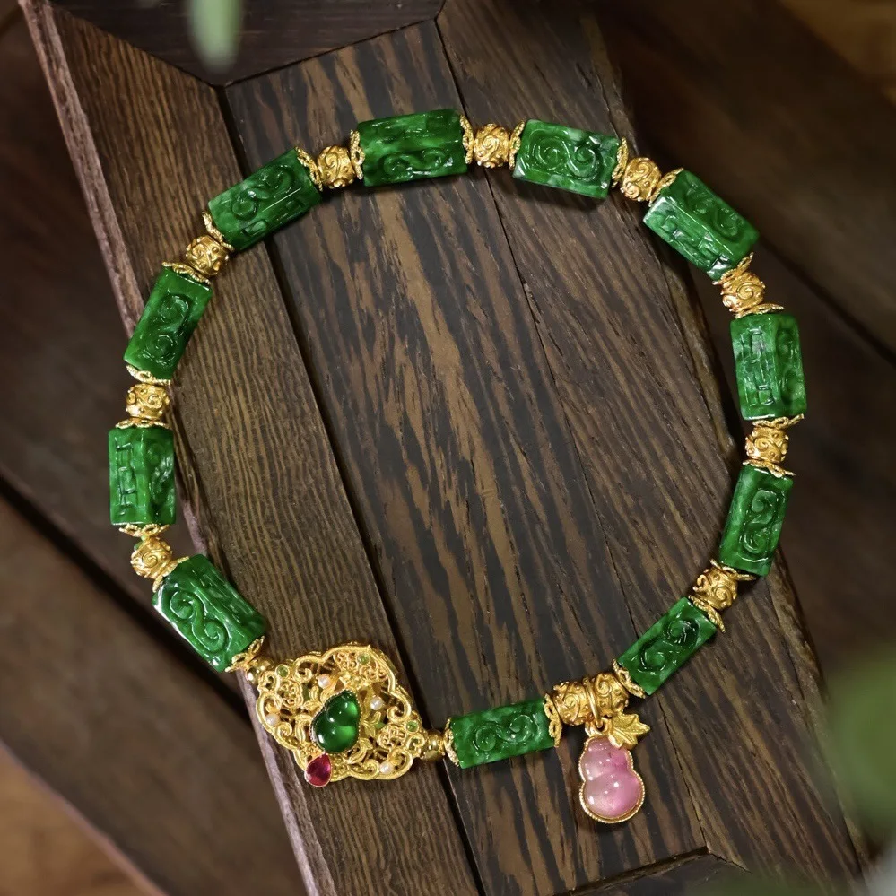 Natural A Grade Vivid Green Carved Jadeite Bracelet, Gourd Inlaid Silver Gold Plated, Tourmaline Gourd Pendant, Chinese Vintage
