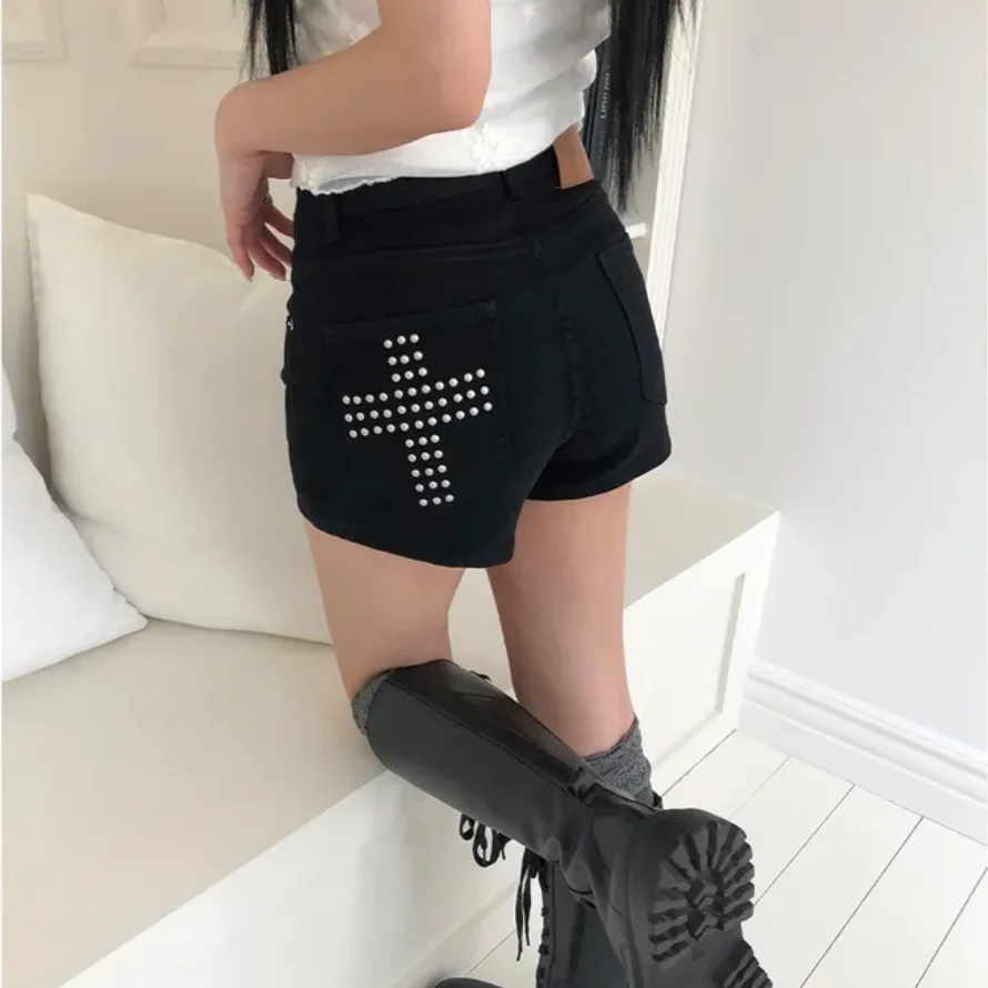Two-Tone Slim Fit Denim Shorts Casual Cross Stitch Elastic Waist Cotton Poplin Summer Straight Leg Jeans Short Skirts