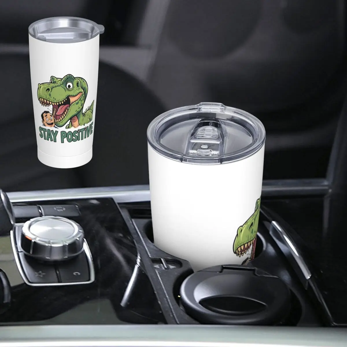 Stay Positive Funny T-Rex Dinosaur Sticker Stainless Steel Tumbler Vacuum Insulated Mug Thermal Cold Cups Straws With Lid 20oz