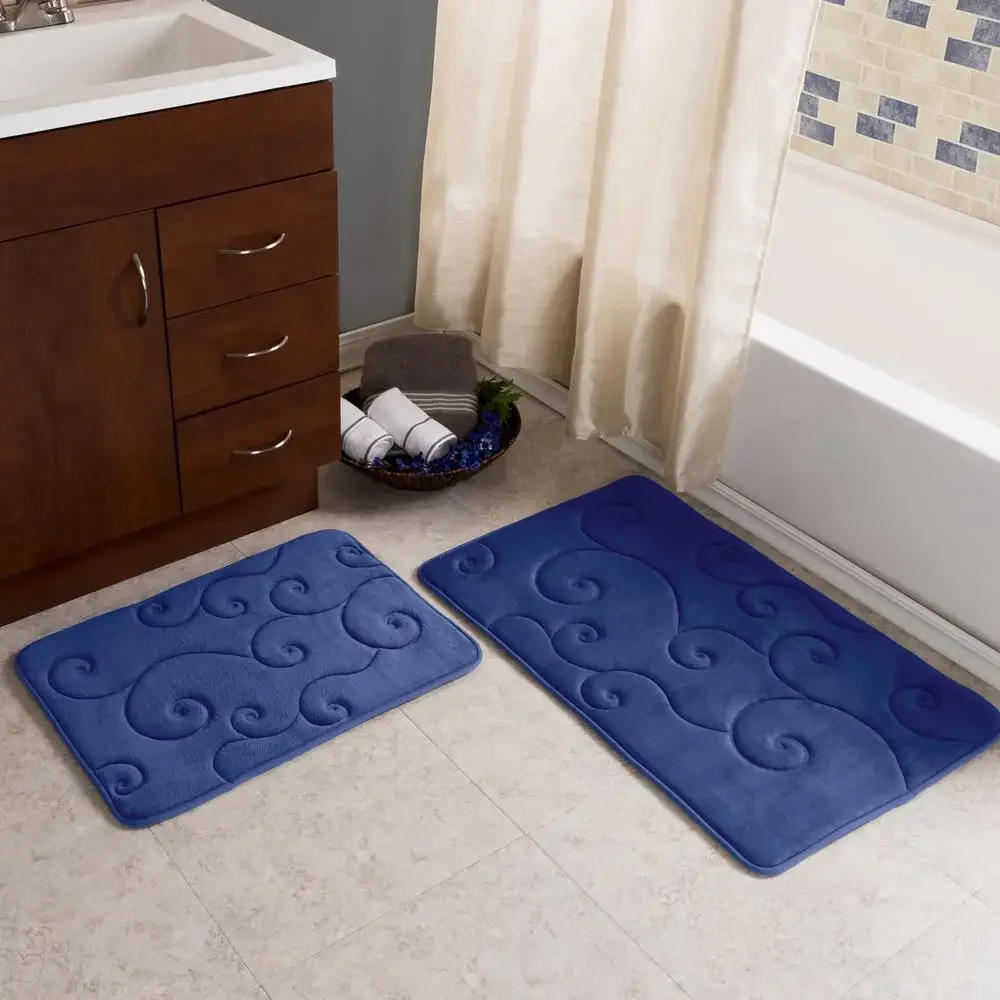 Memory Foam Bath Mat Set Navy Blue Non-Slip Bathroom Rug Bundle Machine Washable Solid Print Cushioned Comfort Moisture-Wicking