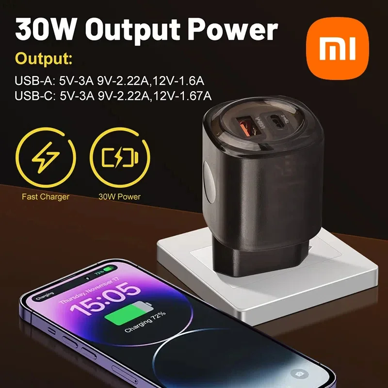 

XIAOMI 2 in 1 Mobile Phone Charger PD Transparent Quick Charging USB3.0 Fast Wall Charger Power For iPhone Samsung EU/US Plug