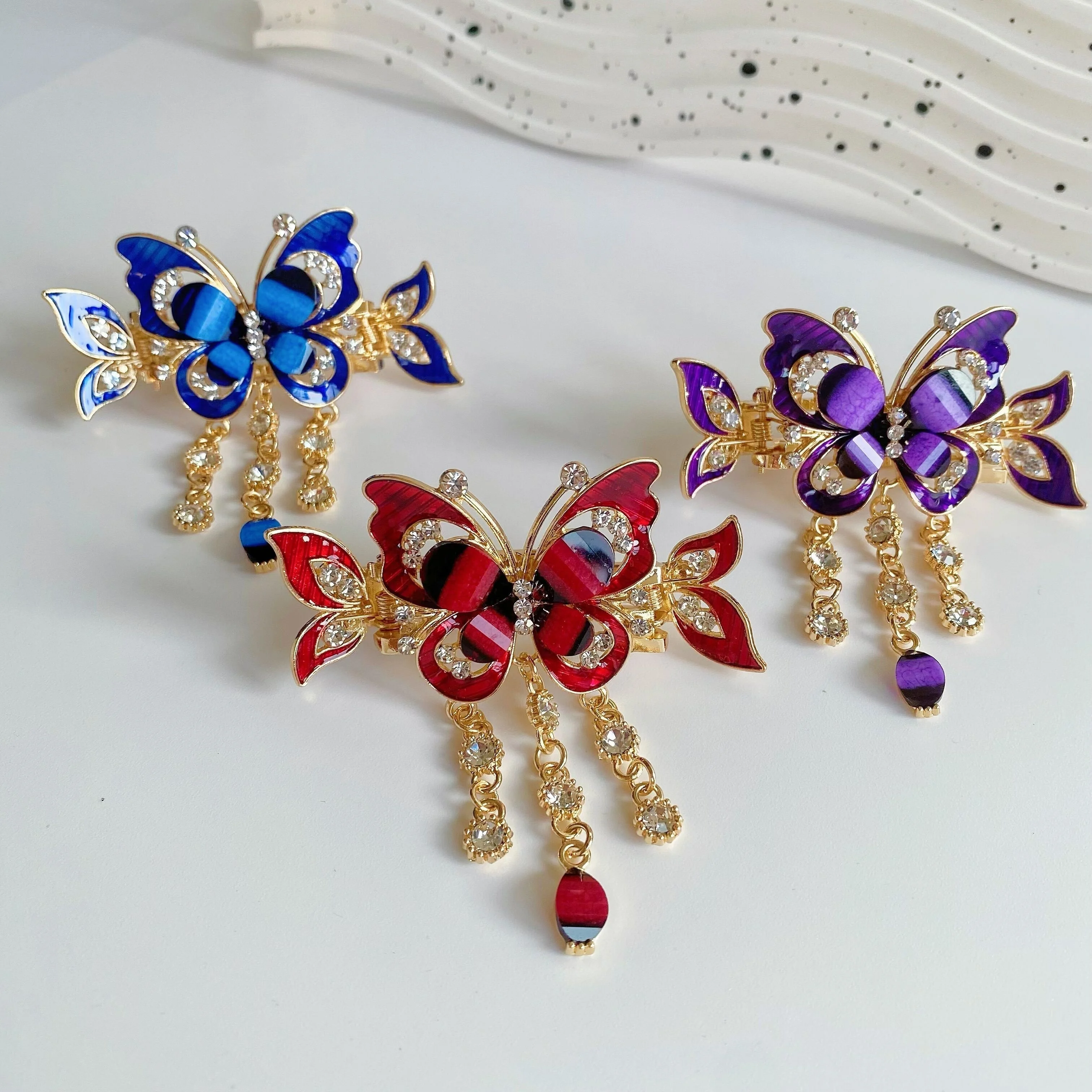 1PC Women Hair Claws Clips Bling Butterfly Tassel Rhinestone Decor Hair Claw Clip Vintage Boho Ponytail Holder Hair Accessories