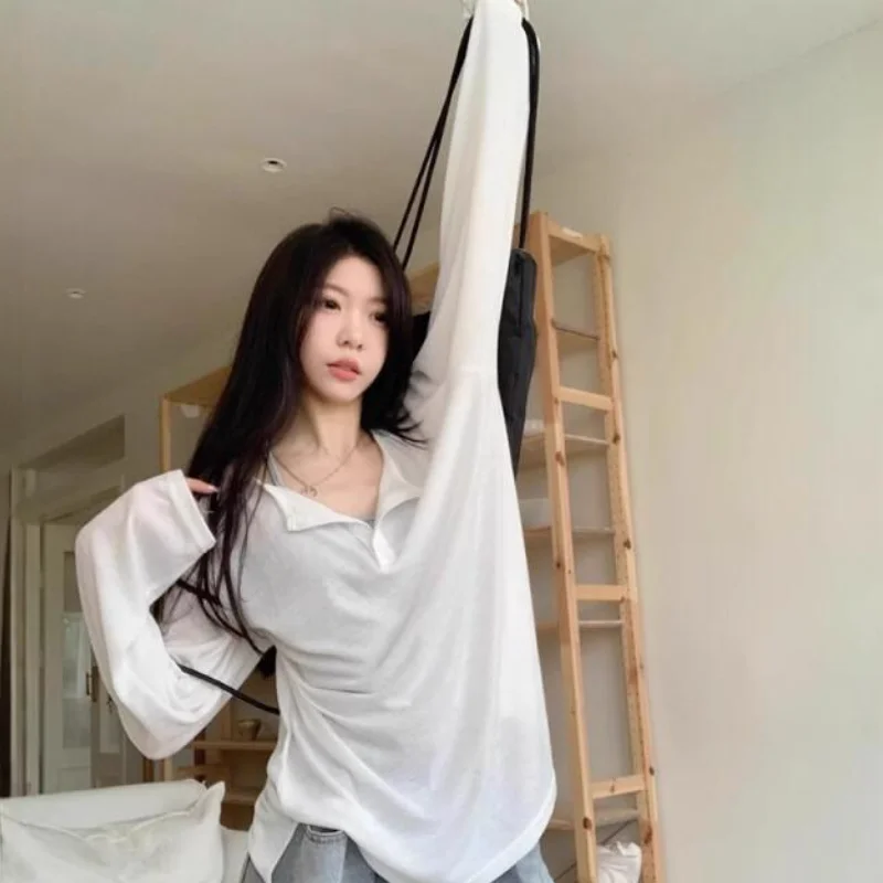 

Хлопковая женская летняя накидка-футболка свободного кроя средней длины, белая, с длинным рукавом, защита от солнца UPF, новый стиль 2025, модная, в стиле «ленивый шик»