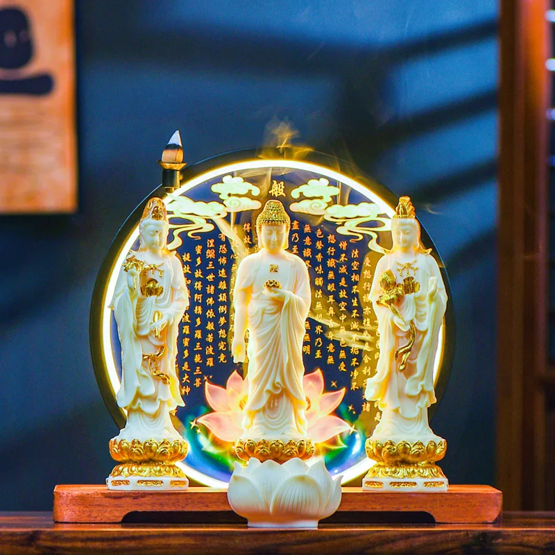 The Western Three Saints Buddha Statue is a backlit Zen ornament dedicated to Amitabha Buddha