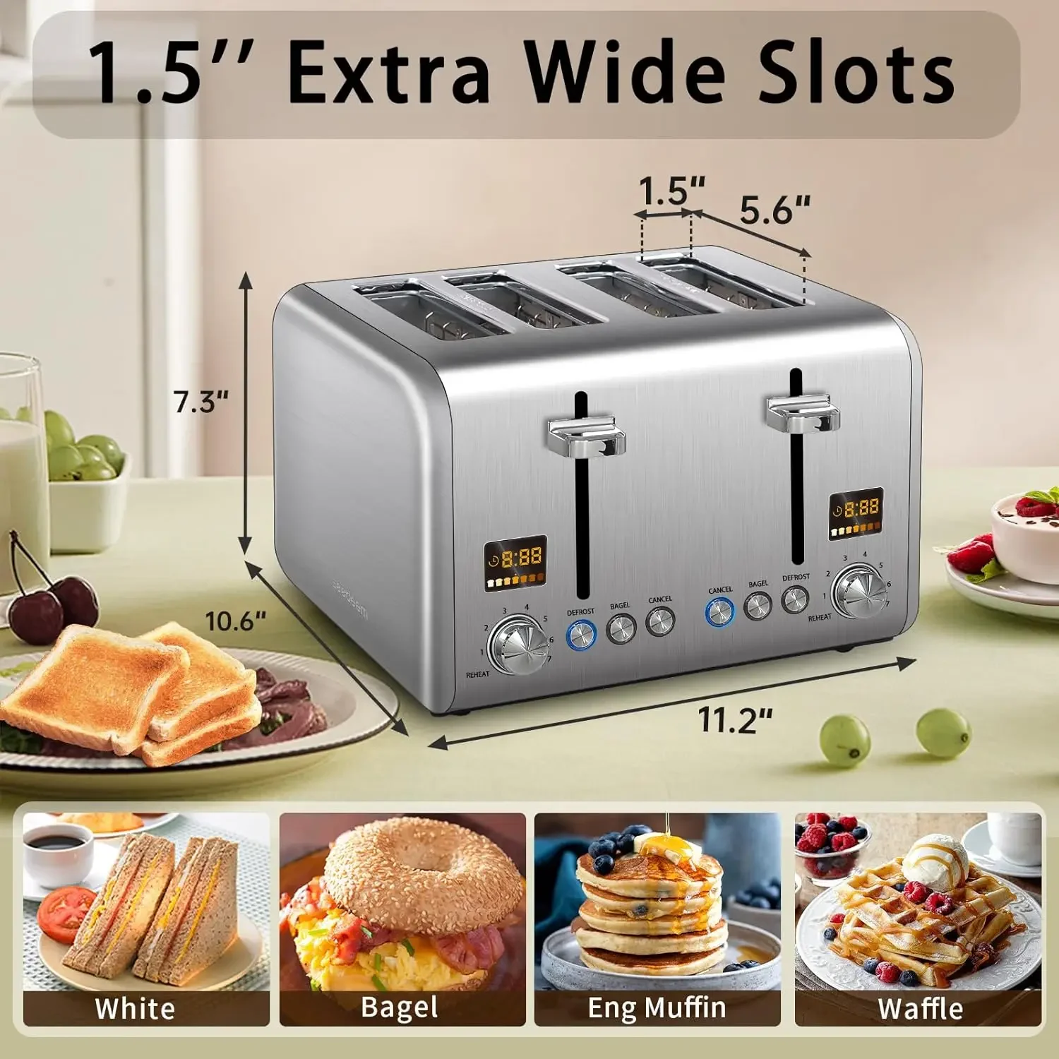 4 Slice Toaster Stainless Bread Toaster Color LCD Display 7 Bread Shade Settings 1.5'' Wide Slots Toaster with Bagel/Defrost