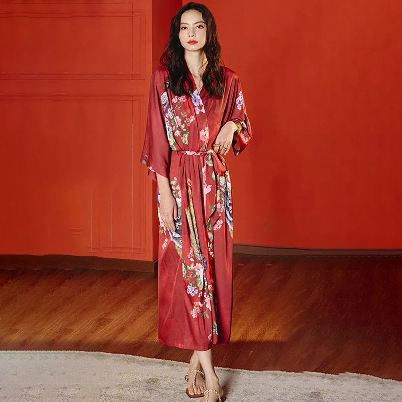 

Длинный халат с черным принтом и цветочным принтом, ночная рубашка, весна-лето, кимоно с короткими рукавами, халат, женское домашнее платье из ледяного шелка из искусственного шелка