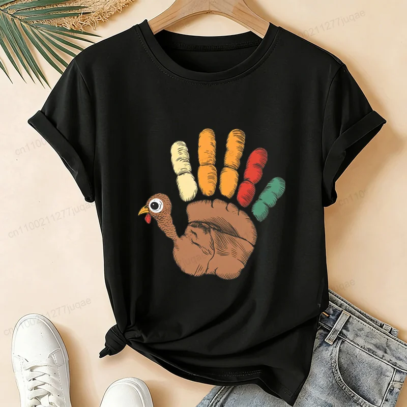 Thanksgiving Handprint Turkey T‑Shirt Cute Hand Drawing Turkey Graphic Tees Fall Holiday Casual Short‑sleeve Tops For Men Women